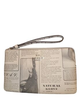 Coach Beige Newspaper Print Wristlet with Brown Strap